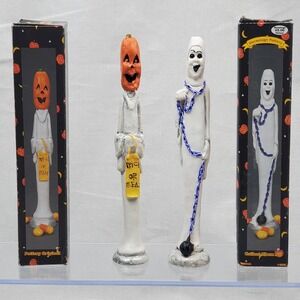 Set of 2 Vintage Hermitage Pottery Ceramic Halloween Figurines Ghost Pumpkin 8"